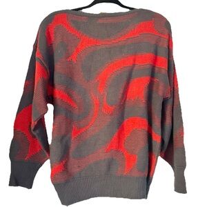 Vintage 1980s Mondi Red Gray Swirl Pattern Women's Knit Sweater Made in Germany